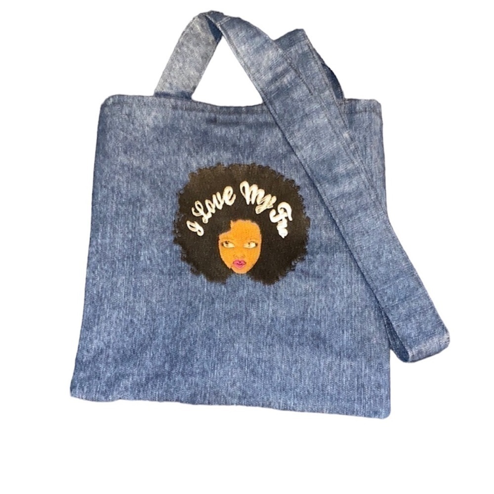 Denim handbag. Handmade. “I love my Fro” embroidered on front.